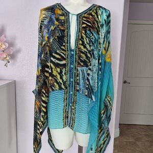 Camilla Marine Queen Turquoise Multi-Print Draped Tunic with Bead Trim